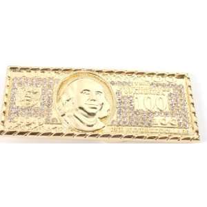 Iced Out Benjamin Franklin 100 Dollar Bill Gold Belt Buckle One Size