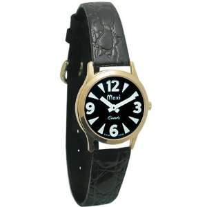  Ladies Gold Tone Low Vision Watch Black Face Leather Band 