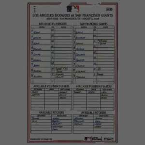  Dodgers at Giants 8 09 2008 Game Used Lineup Card (MLB 