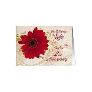 2th anniversary for a wife with a red gerbera and butterflies Card