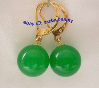 Amazing big 12mm green round crude jade beads dangle earrings 14K 