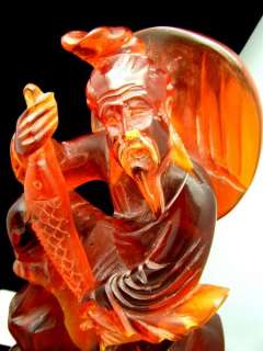 Antique Chinese Carved Amber Statue Man Boy Fish As Is  