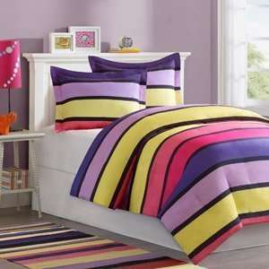   Fun Purple Pink Yellow Stripe Full Queen Comforter Set