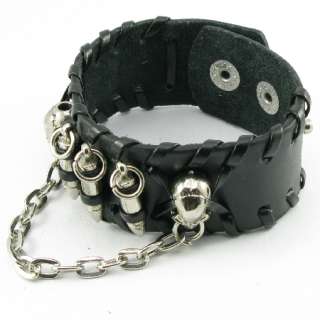H512 Bullet , Skull and Chain Black Leather Men/Women Button Wristband 