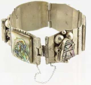 Vintage 925 Sterling Silver Mexico Taxco Warrior Face Bracelet Abalone 