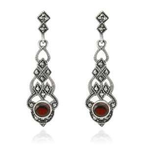  Sterling Silver Marcasite and Garnet Long Drop Earrings Jewelry