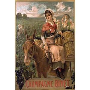 CHAMPAGNE BINET GRAPES DONKEY FRANCE FRENCH SMALL VINTAGE POSTER 