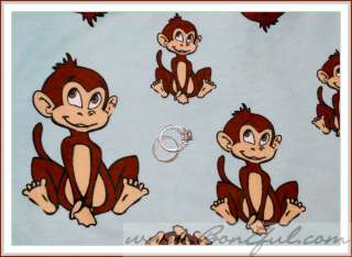 BOOAK Fabric VTG Classic Cartoon Happy Monkey Blue Boy Baby Flannel 