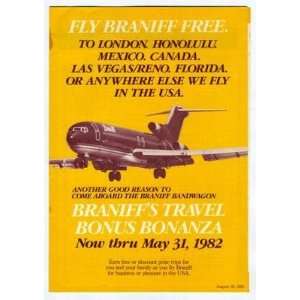  Fly Braniff Free Travel Bonus Bonanaza Brochure 1981 