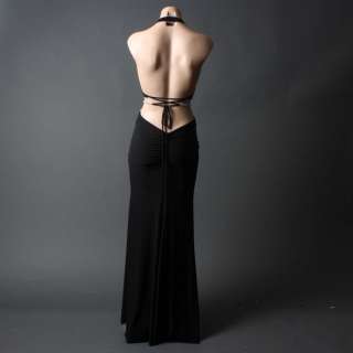 Long Halter Rhinestone Cut Out Black Trim Evening Dress M Size  