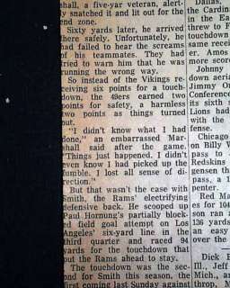 JIM MARSHALL Wrong Way Run NFL VIKINGS 1964 Newspaper *  