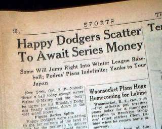   Podres 1st MVP BROOKLYN DODGERS World Series MLB Champs 1955 Newspaper