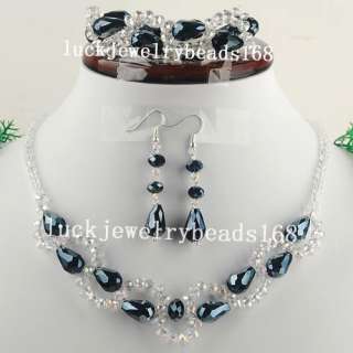 AB White Black Bile Crystal Pear Necklace Bracelet Earrings Set FG3859 