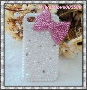 For APPLE iPhone 4 4G Cute 3D Bow Bling Crystal Pearl Case Cover Free 