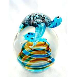   Blown Blue Glass Turtle on Turtle Ball Paperweight