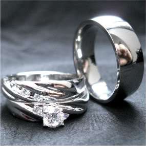 pc Engagement Wedding Titamium and Sterling Silver Ring Se t