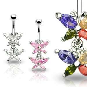 316L Surgical Steel White/Rainbow Gem Butterfly Belly Ring with Twin 