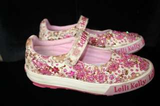 Girls LELLI KELLY Shoes size 31 Pink ivory Floral beaded Mary Jane 