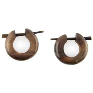 Hand Carved Small Sono Wood Hoop With Horn Pin Earrings 