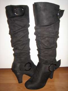Suede Round Toe Buckle Dress Knee High Boots 3 Heel Sz  