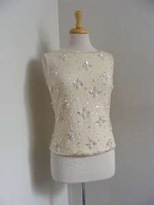   60s Wool BEADED Opalescent Ivory SEQUIN Sweater Blouse Top Shirt S/M