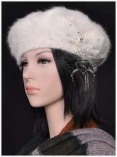 SH White Black Bowknot Rabbit Fur Ladys Beanie Hat Cap Gothic 