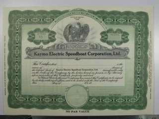 Kaymo Electric Speedboat Co., Nevada Stock Certificate  