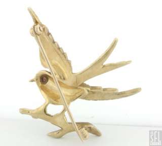 ANTIQUE 14K GOLD PEARL/RUBY HIGHLY DETAILED BIRD ON BRANCH BROOCH 