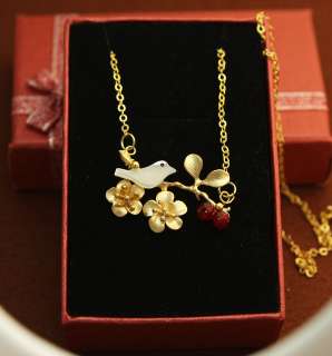 Cherry Blossom Branch & White Bird Gold Plated Necklace  