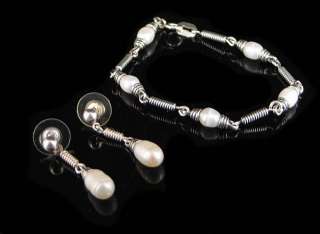 Sterling Silver Link Freshwater Pearl Bracelet Earrings  