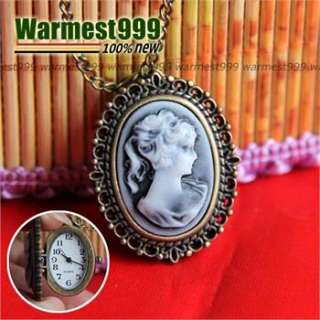 Antique Bronze Beauty Resin Queen Quartz Pocket Watch Pendant Necklace 