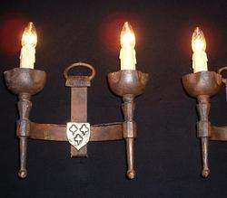 LARGE FRENCH GOTHIC MEDIEVAL WROUGHT IRON SCONCES 2 pairs available 