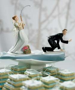 Gone Fishing Caucasian Bride & Groom Wedding Cake Topper   CAN BE 