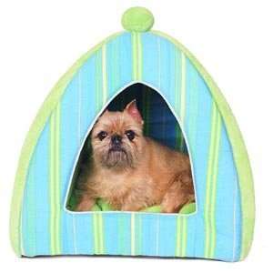  Striped Plush Pet Tent Bed  Color BLUE WITH LIME STRIPE 