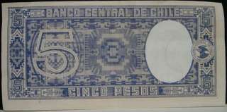 Tough 1940s Banco Central De Chile Cinco Pesos note. Condition is 