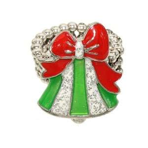 Red, Green and White Epoxy Christmas Bell Fashion Ring with Beaded 