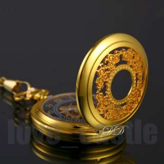 New Gold Case Black Mens Skeleton Pocket Watch Chain 15  