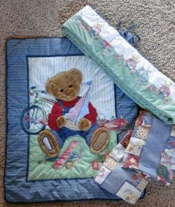 Blue Jean Teddy Crib Bedding Quilt Bumper Boy Lot 4 EUC  