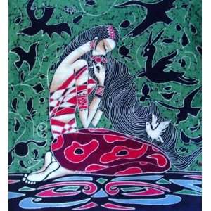   High Quality Chinese Batik Tapestry Girl Kiss Flower 