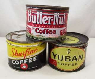 Vintage 1 Pound Coffee Cans Tins, Yuban, Butter Nut, Shurfine lot 