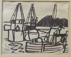 ROMARE BEARDEN African American Artist Original Signed Drawing Harbor 