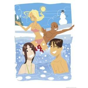  People Diving into Freezing Lake Premium Poster Print 