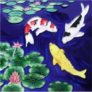 Two Spotted Koi and Goldfish on Lily Pond 8x8x0.25 inches Ceramic Art 