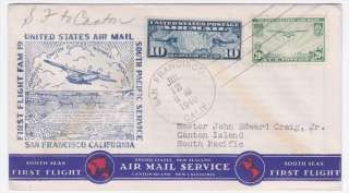 San Francisco CA to Canton Island 1940 First flight cover. All items 