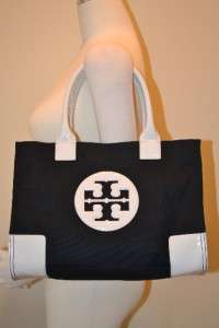 TORY BURCH NWT Black Ivory Canvas Vinyl Mini Ella Tote Handbag Bag 