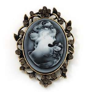   Crystal Cameo Regal Lady Brooch In Antique Gold Plating Jewelry