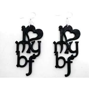  Black Satin I love My Boyfriend Wooden Earrings GTJ 