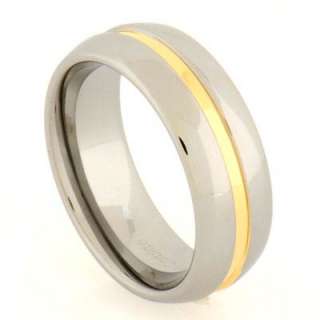 8mm Tungsten Carbide Grooved Gold Center Strip Shinny Edge Mens 
