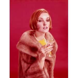  Woman in Fur Coat, Holding Glass of Champagne Photographic 