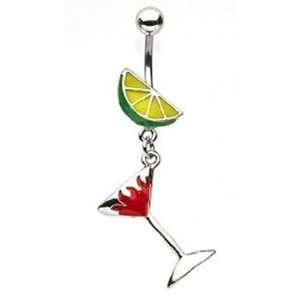   Glass Belly Button Navel Ring Dangle with Lime and Surgical Steel Bar